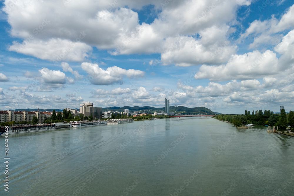 Beautiful view of Danube river from bridge in Vienna, Austria, summer day Beautiful view of Danube river from bridge in Vienna, Austria, summer day