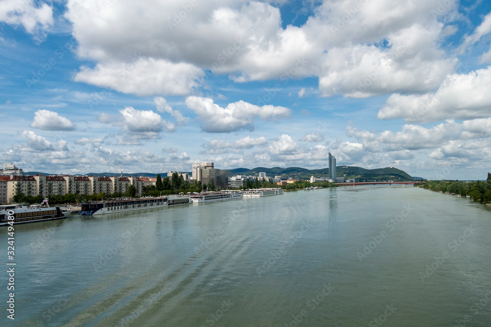 Beautiful view of Danube river from bridge in Vienna, Austria, summer day Beautiful view of Danube river from bridge in Vienna, Austria, summer day