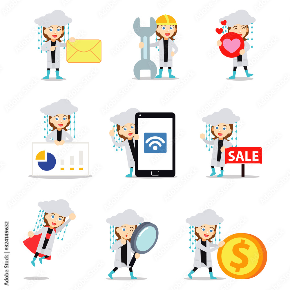 Set character of woman walking under the umbrella in rainy day. Set character of woman walking under the umbrella in rainy day.