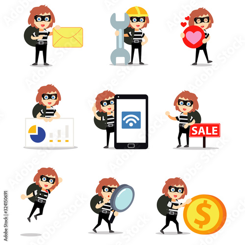 Set character of female robber try to steal money on a bank.