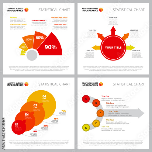 Multicoloured infographic composition set can be used for web design, presentation slide, advertising. Business concept with radial diagram, arrow and process charts