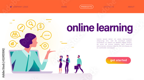 Online learning concept. Landing page design template. People at laptop, books, lady teacher metaphor, video, social media, communication icons. Vector flat illustration.