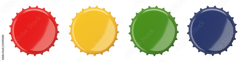 Colored bottle cap, blank label. Icon set. Top view. Template design. Colored bottle cap, blank label. Icon set. Top view. Template design.