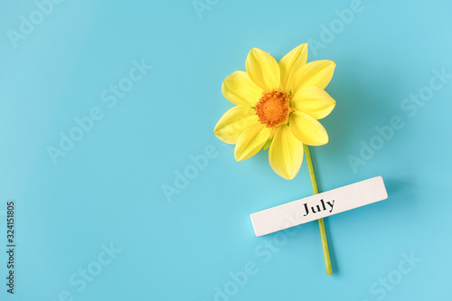 Wooden calendar summer month of July and yellow flower on blue background. Copy space. Minimal style. Template for greeting card, text, design. Hello July concept