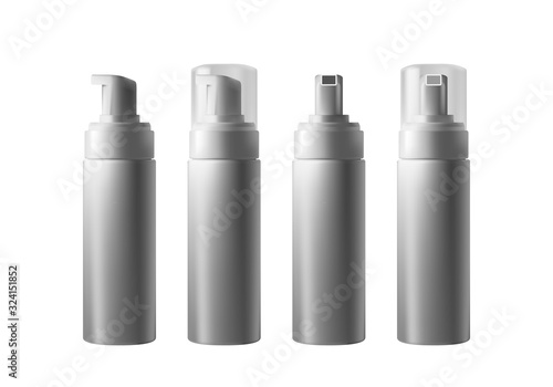 Realistic silver blank bottle with dispenser isolated on white background