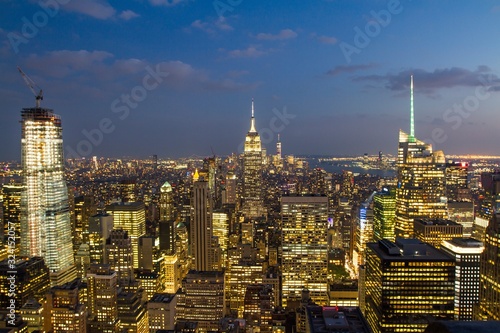 Beautiful aerial view of New York city skyline at night, USA