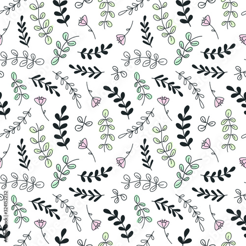 Floral seamless pattern; hand drawing twigs and flowers for fabric, wallpaper, greeting cards, textile; doodle vector illustration.