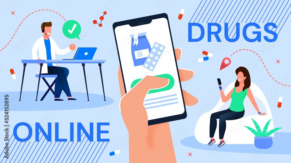 Online Drugs Order Service via Mobile Application. Pharmacy Drugstore Technical Support and Client Consultation. Woman Making Pharmaceutical Purchase via Smartphone. Pharmacist Serving Customer Online Drugs Order Service via Mobile Application. Pharmacy Drugstore Technical Support and Client Consultation. Woman Making Pharmaceutical Purchase via Smartphone. Pharmacist Serving Customer