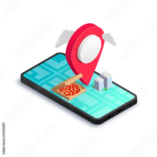 Online fast food delivery service 3d concept. Isometric pizza in box, map pointer, buildings, city map on smartphone screen isolated. Vector illustration for web, advert, italian menu, mobile app