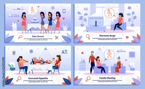 Baby Shower Celebration, Pregnant Woman Family Support, Hormone Surge Trendy Flat Vector Banner, Poster Set. Lady Having Fun on Party, Feels Sweaty, Eating Unhealthy Food, Meets Relatives Illustration