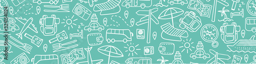 Horizontal seamless border with hand drawn travel doodles. Vacation background. Vector illustration.