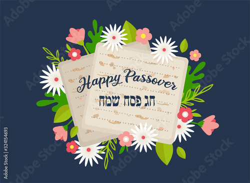 Pesah celebration concept , Jewish Passover holiday. Greeting cards with traditional four wine glasses, Matzah and spring flowers. Happy Passover in English and Hebrew.