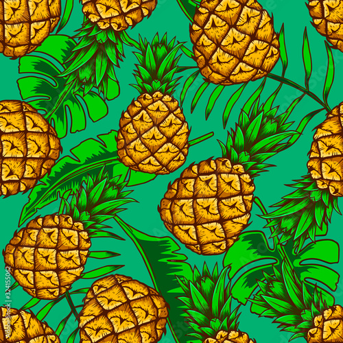 Seamless pattern with pineapples and tropical leaves. Design element for poster, card, banner, sign.