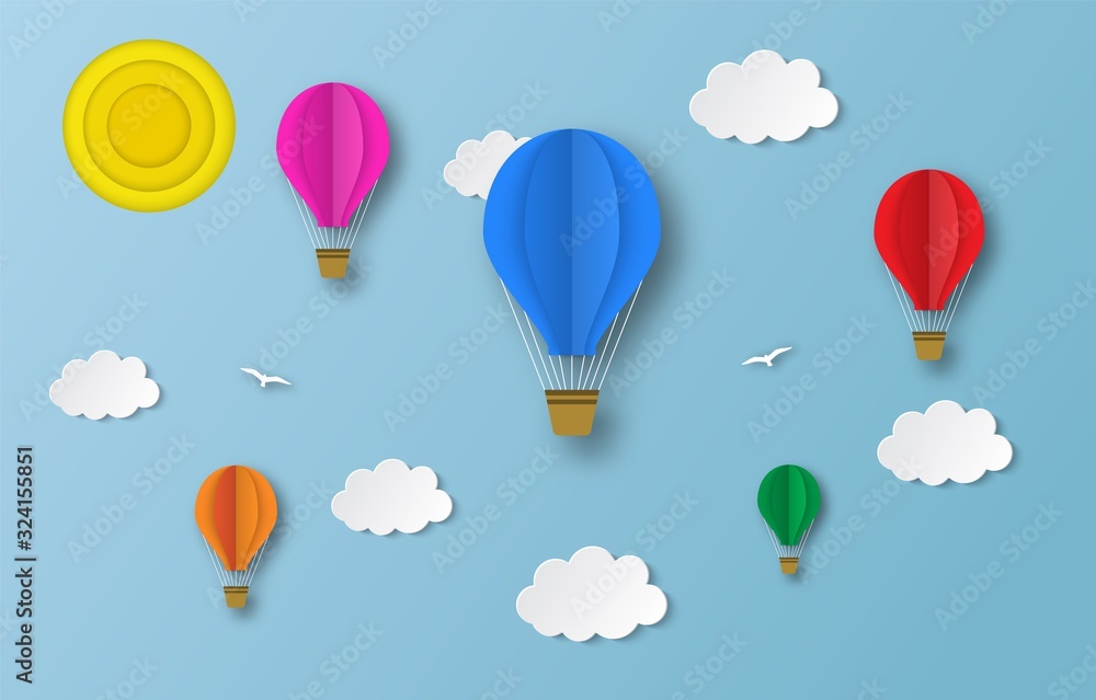 colorful hot air balloons flying in the air with blue cloudy sky background. Paper cut poster template with air balloons. flyers, banners, posters and templates design.