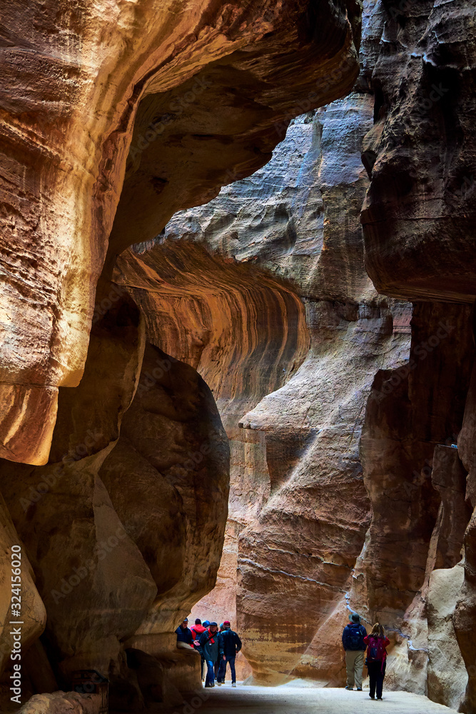 tourists in the Siq canyon.Petra Jordan,.January, 30, 2020