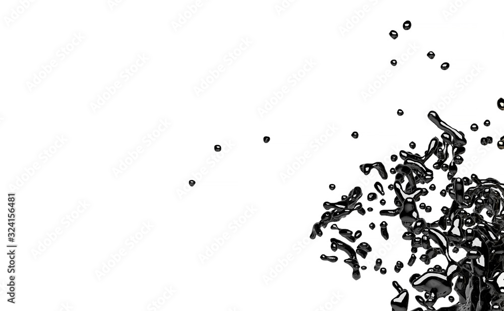 Obraz premium Dirty Oil barrel - 3d illustration. Black petroleum liquid splash. Oil production - barrel rate on world stock exchange. Spills of spilling liquid on white background. Economic Gold Currency Mining