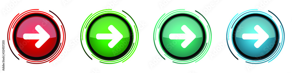 Right arrow round glossy vector icons, next set of buttons for webdesign, internet and mobile phone applications in four colors options isolated on white background Right arrow round glossy vector icons, next set of buttons for webdesign, internet and mobile phone applications in four colors options isolated on white background