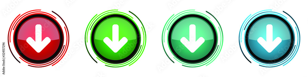 Down arrow round glossy vector icons, download set of buttons for webdesign, internet and mobile phone applications in four colors options isolated on white background Down arrow round glossy vector icons, download set of buttons for webdesign, internet and mobile phone applications in four colors options isolated on white background