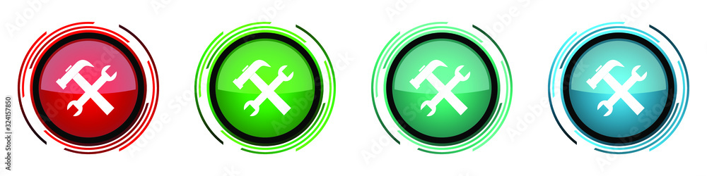 Tools round glossy vector icons, service set of buttons for webdesign, internet and mobile phone applications in four colors options isolated on white background Tools round glossy vector icons, service set of buttons for webdesign, internet and mobile phone applications in four colors options isolated on white background