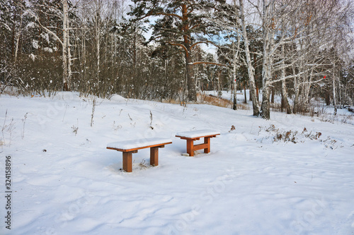 Two snow-covered benches in a winter park. The concept of winter loneliness.