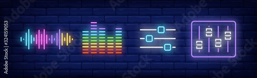 Audio technology neon sign set. Mixing console, soundtrack, soundwave. Vector illustration in neon style, bright banner for topics like music, radio, studio