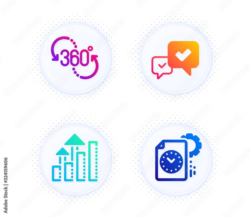 360 degree, Analysis graph and Approve icons simple set. Button with halftone dots. Project deadline sign. Virtual reality, Targeting chart, Accepted message. Time management. Technology set. Vector