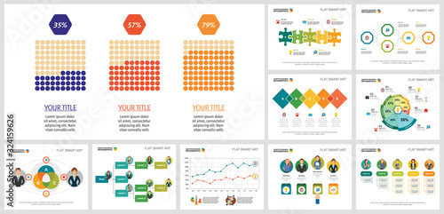 Modern infograph template set for teamwork report layout, annual analytic, slide, web graphic. Business and statistics concept with percentage diagram, bar, line, process, and cycle charts.