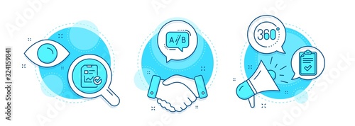 360 degrees, Report checklist and Checklist line icons set. Handshake deal, research and promotion complex icons. Ab testing sign. Full rotation, Sales growth file, Survey. Test chat. Vector