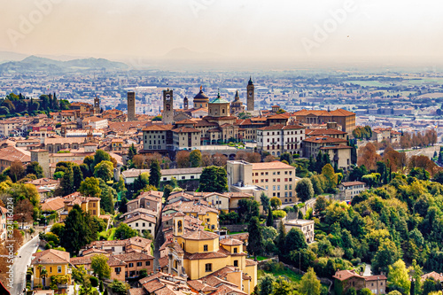 Panoramic veiw on Upper old city (Citta Alta) in Bergamo with historic buildings.  photo