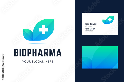 Logo and business card template with leafs and cross signs. Vector illustration in gradient style for bio, healthy, medical companies