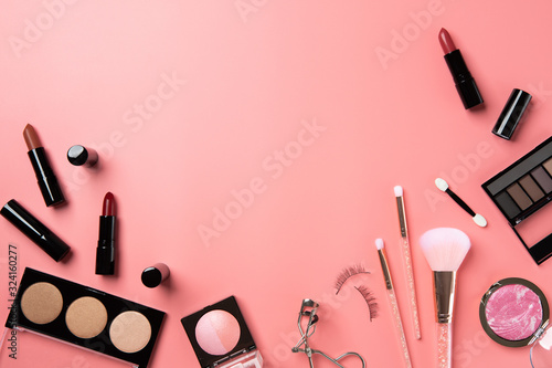 Obraz na plátně cosmetic make up flat lay pink background copy space text beauty  graphic conten