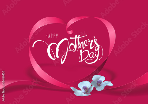 Happy Mother's Day Purple Greeting Card with Heart Former From Ribbon and Two Decorative Orchid Flowers - Festive Holiday Background Illustration, Vector