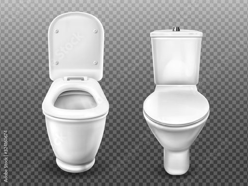 Toilet bowl for bathroom, restroom, modern WC. Vector realistic white ceramic lavatory with flush tank, open and closed seat lid isolated on transparent background
