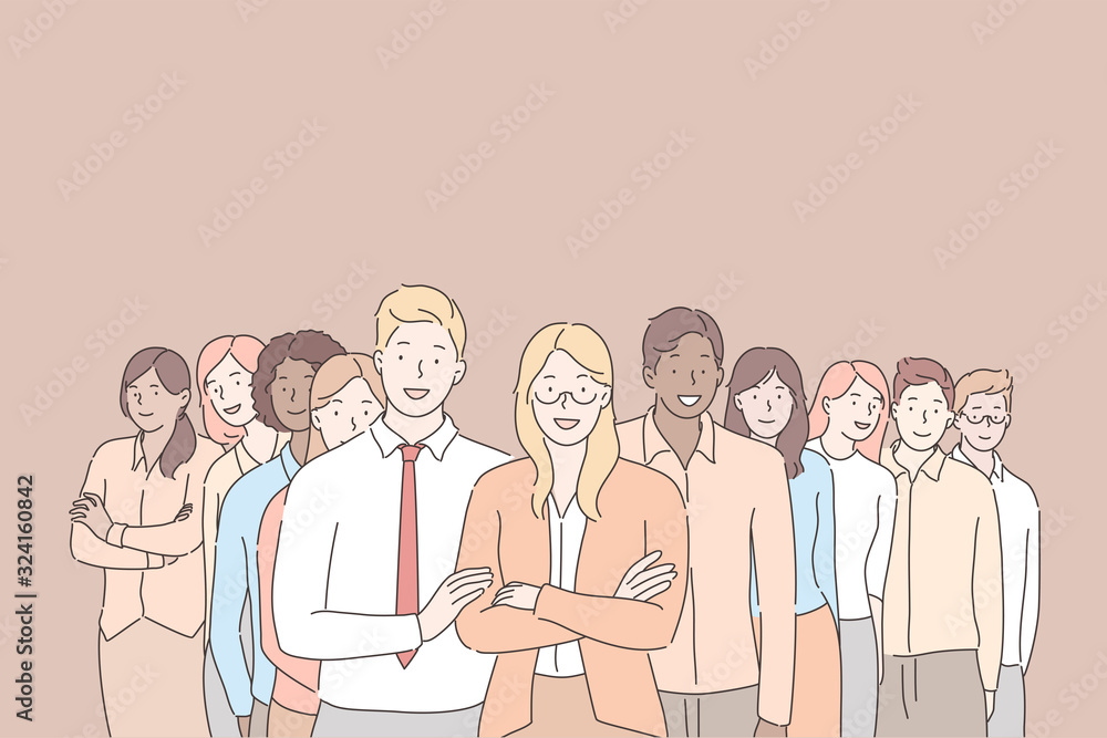 Leadership, coworking, business concept. Group of young happy businesspeople, boys, girls coworkers, businessmen woman leader standing together in office. Team collaboration, clerks and managers. Leadership, coworking, business concept. Group of young happy businesspeople, boys, girls coworkers, businessmen woman leader standing together in office. Team collaboration, clerks and managers.