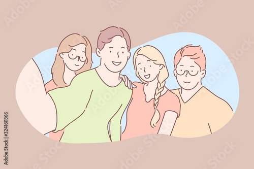 Friendship, making photo concept. Group of young happy friends bloggers, men and women make photo or take picture on smartphone together. Boys and girls students are posing on camera. Simple vector
