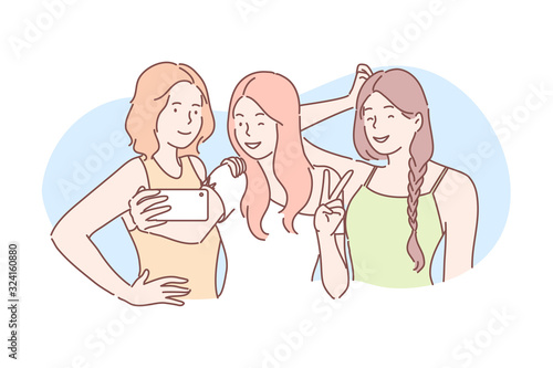Friendship, photo, selfie, communication concept. Young happy women friends bloggers take selfie together, look and pose at camera. Girls pupils communicate on social media, show piece sign vector