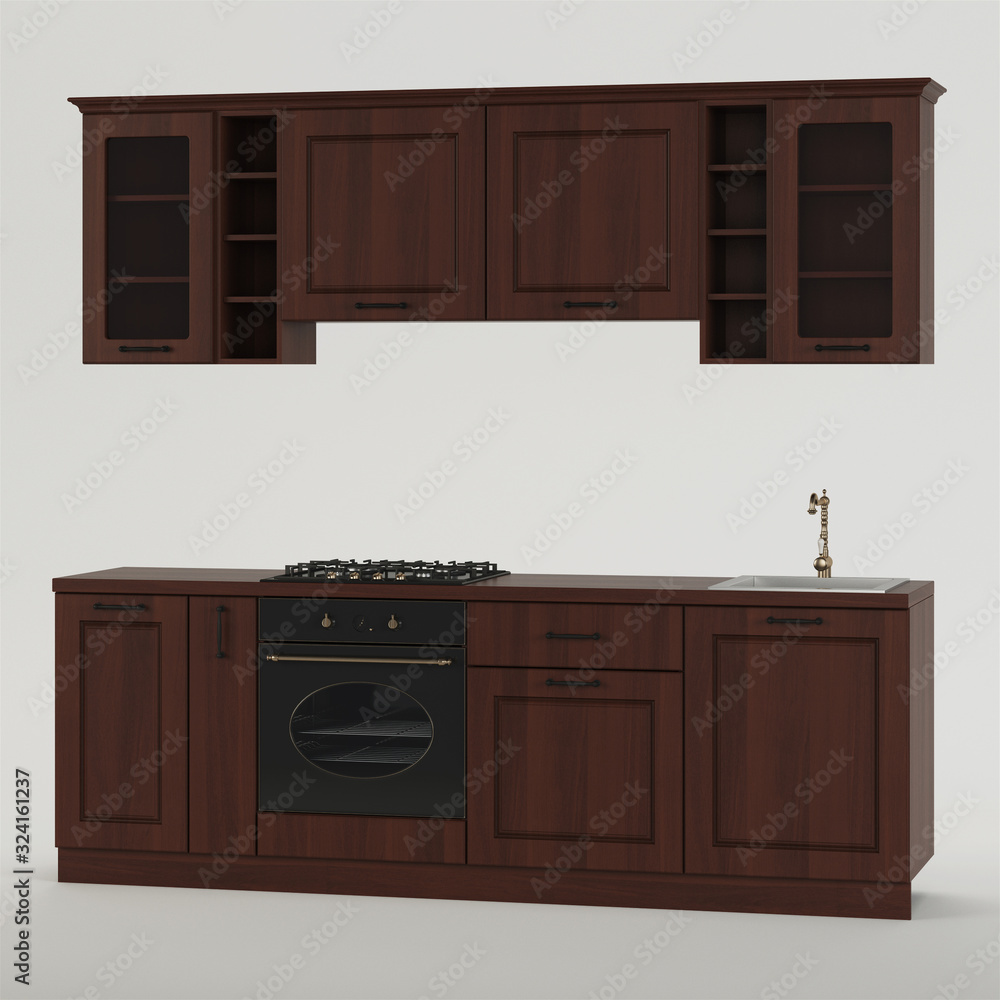 Kitchen. Furniture and kitchen equipment on a white background. Clipping path included. 3D rendering. Kitchen. Furniture and kitchen equipment on a white background. Clipping path included. 3D rendering.