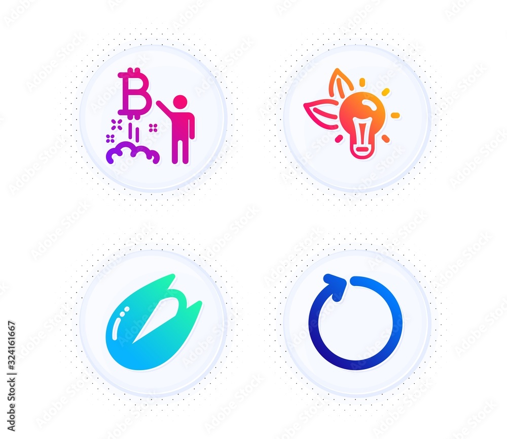 Bitcoin project, Pistachio nut and Eco energy icons simple set. Button with halftone dots. Loop sign. Cryptocurrency startup, Vegetarian food, Lightbulb. Refresh. Business set. Vector