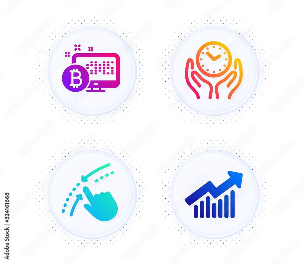 Bitcoin system, Swipe up and Safe time icons simple set. Button with halftone dots. Demand curve sign. Cryptocurrency monitor, Touch down, Hold clock. Statistical report. Technology set. Vector Bitcoin system, Swipe up and Safe time icons simple set. Button with halftone dots. Demand curve sign. Cryptocurrency monitor, Touch down, Hold clock. Statistical report. Technology set. Vector