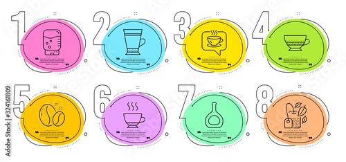 Bombon coffee, Espresso and Coffee beans signs. Timeline steps infographic. Latte, Cognac bottle and Mint bag line icons set. Water cooler symbol. Brandy alcohol, Mentha tea. Vector