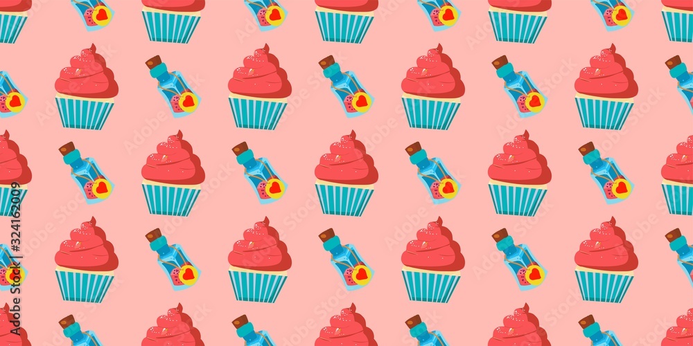 Children s seamless pattern for girls. Alice in wonderland cakes and cupcakes. Magic potion. Pink background.. Children s seamless pattern for girls. Alice in wonderland cakes and cupcakes. Magic potion. Pink background..
