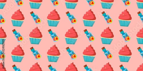 Children s seamless pattern for girls. Alice in wonderland cakes and cupcakes. Magic potion. Pink background..