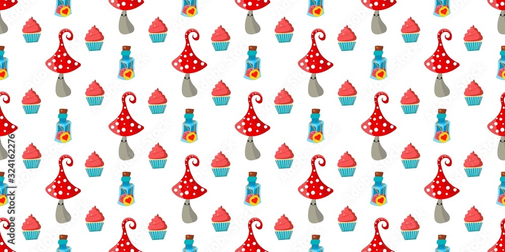 seamless childish pattern. Amanita mushrooms. Cupcakes and cakes. Alice in Wonderland.. seamless childish pattern. Amanita mushrooms. Cupcakes and cakes. Alice in Wonderland..