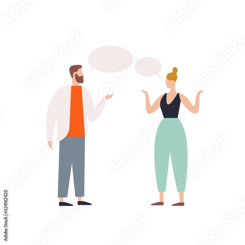 Bearded male talking to female with speech bubbles vector flat illustration. Angry couple discussing each other isolated on white background. Irritating woman and man having conversation