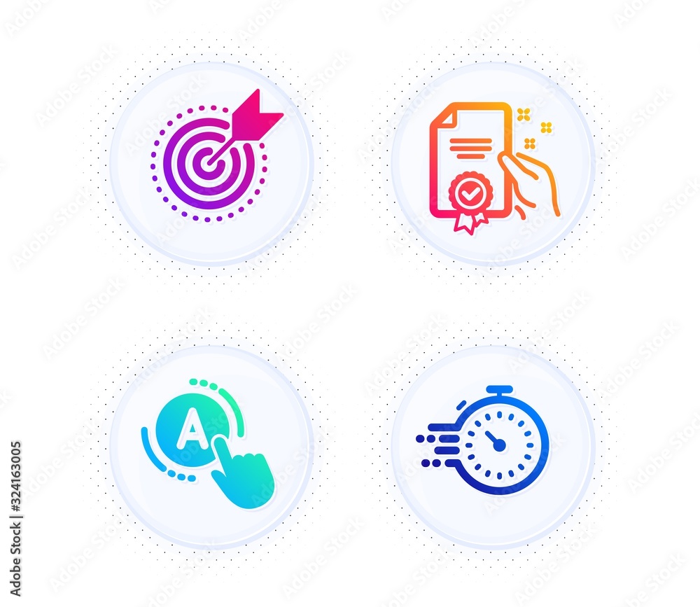 Certificate, Ab testing and Target purpose icons simple set. Button with halftone dots. Timer sign. Certified guarantee, A test, Business focus. Deadline management. Science set. Vector Certificate, Ab testing and Target purpose icons simple set. Button with halftone dots. Timer sign. Certified guarantee, A test, Business focus. Deadline management. Science set. Vector