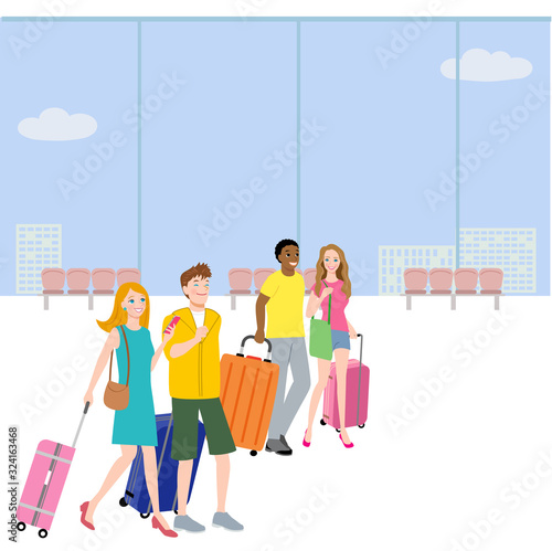 空港を歩く外国人観光客