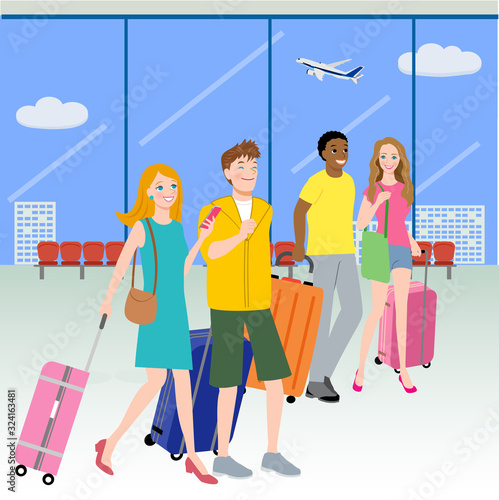 空港を歩く外国人観光客