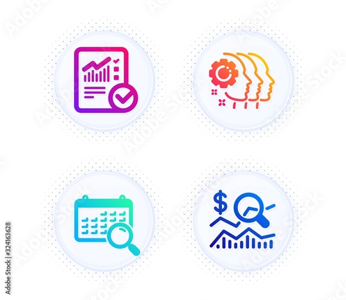 Checked calculation, Search calendar and Employees teamwork icons simple set. Button with halftone dots. Check investment sign. Statistical data, Find date, Collaboration. Business report. Vector