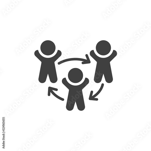 Three people and arrows vector icon. filled flat sign for mobile concept and web design. Staff or Employee Replacement glyph icon. Symbol, logo illustration. Vector graphics