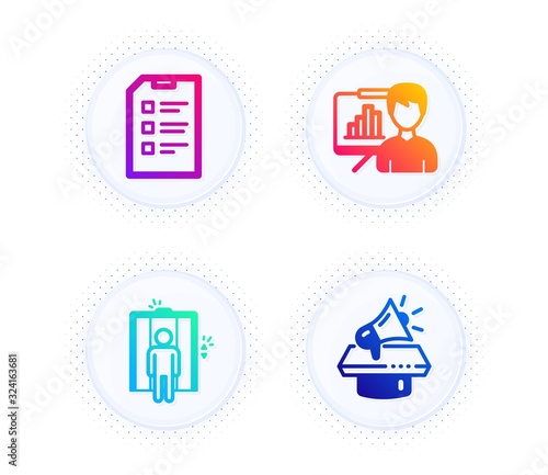 Checklist, Elevator and Presentation board icons simple set. Button with halftone dots. Megaphone sign. Data list, Lift, Growth chart. Brand advertisement. Technology set. Vector